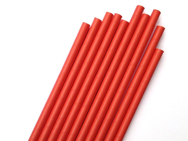 25 Solid Salmon Red Paper Drinking Straws with handmade scalloped white paper straws