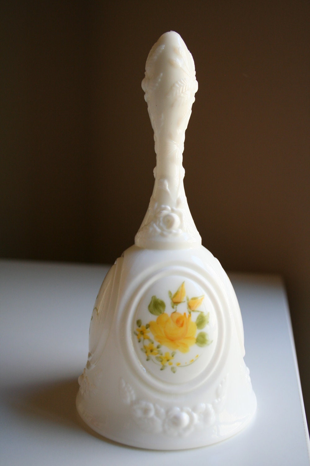 SALE Stunning, Vintage Milk Glass Fenton White Rose Bell with Handpainted Yellow Flowers, Keepsake, Collectible, Home Decor, Gift