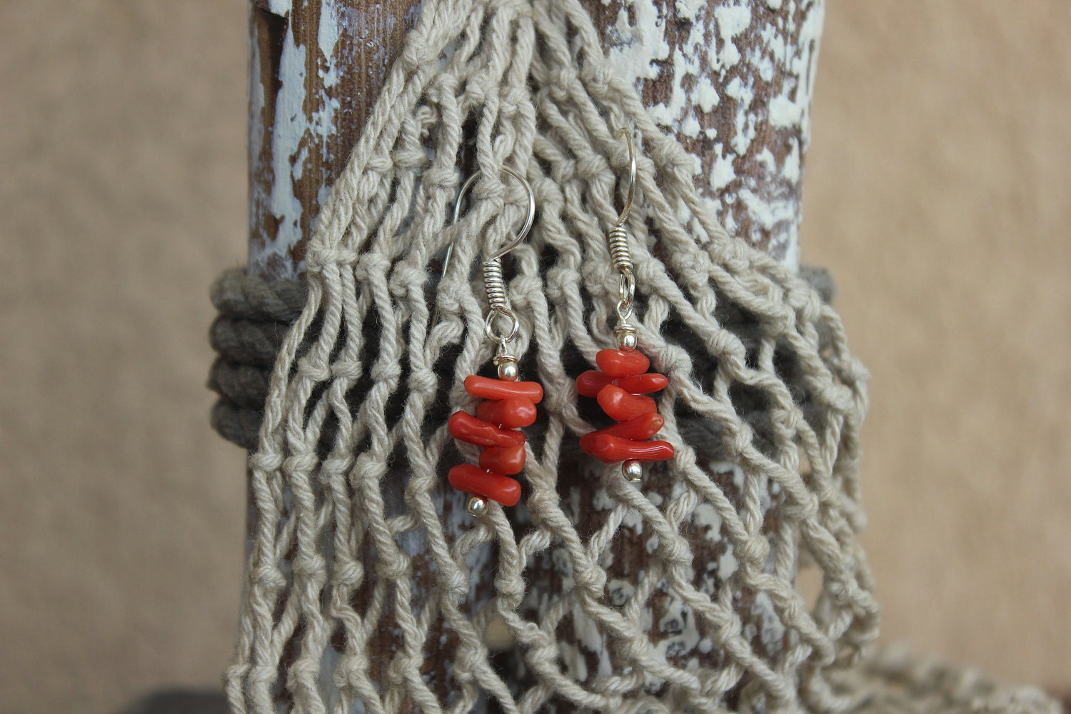 Red Bamboo Coral Dangle Earrings