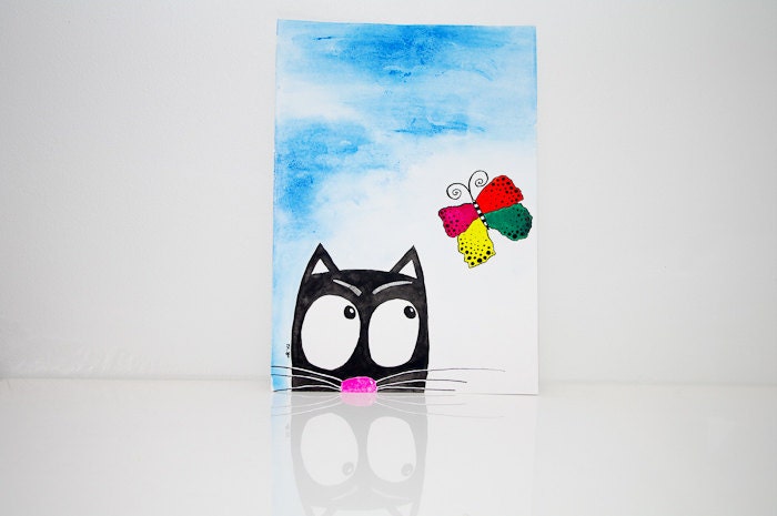 Original illustration Black cat and butterfly ink and watercolors painting for nursery children room for kid Cat portrait art A4 size12x8