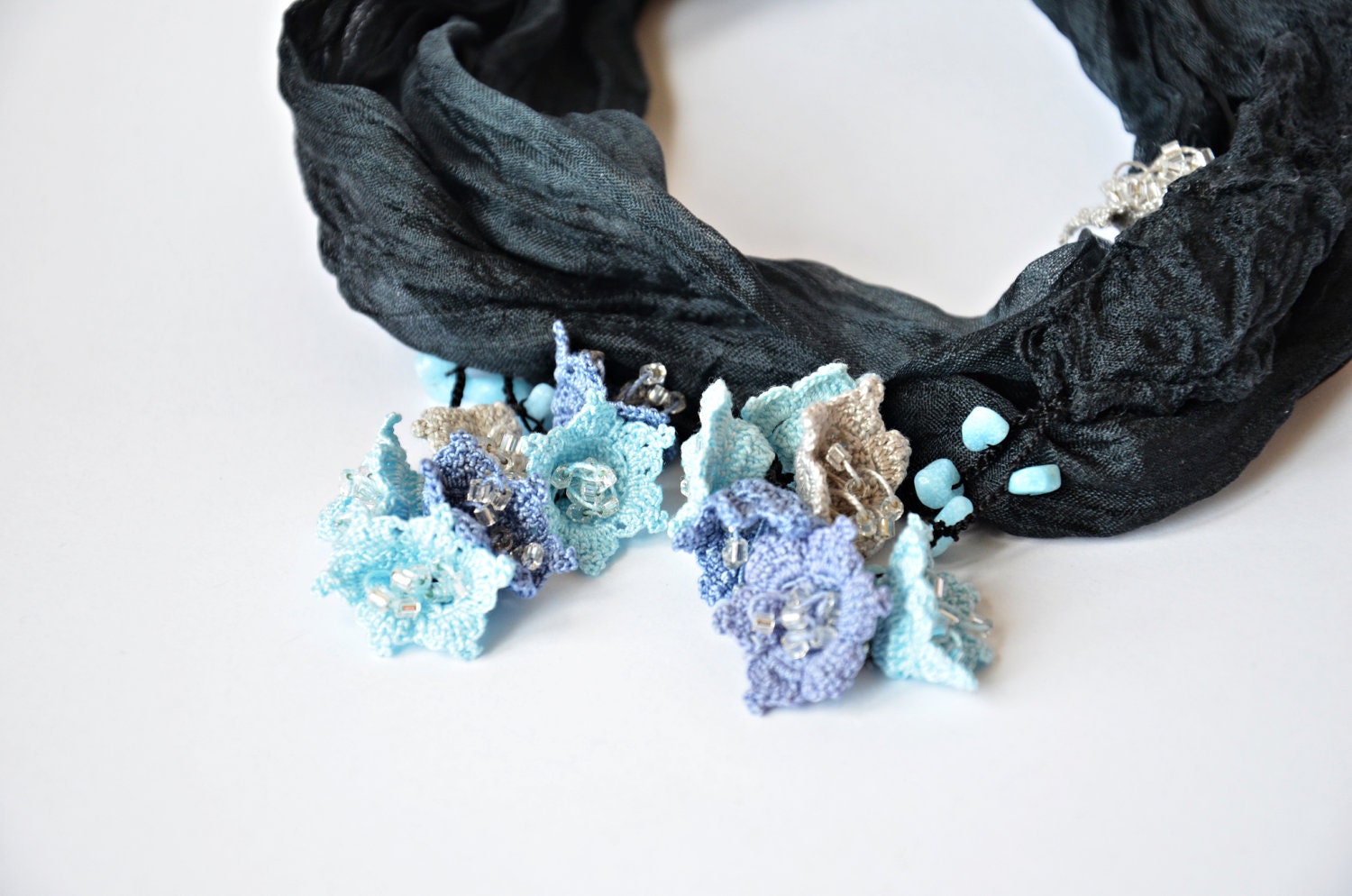 Blues and Gray Flowers, Dark Gray  Silk Foulard, Crochet Necklace, Handmade Jewelry, Beadwork