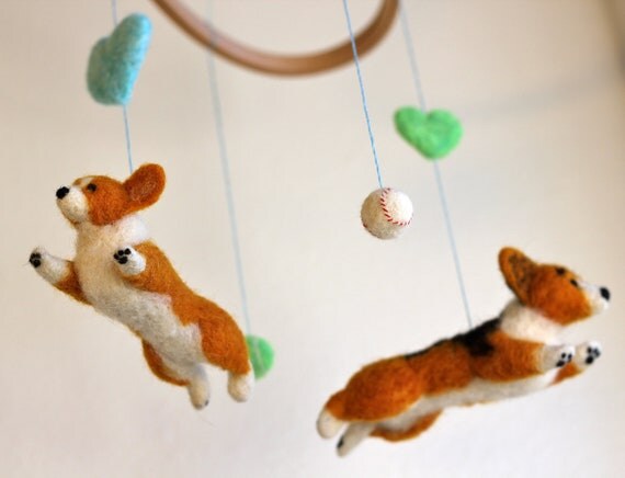 Baby Mobile with Flying Welsh Corgis (with 2 balls & hearts)