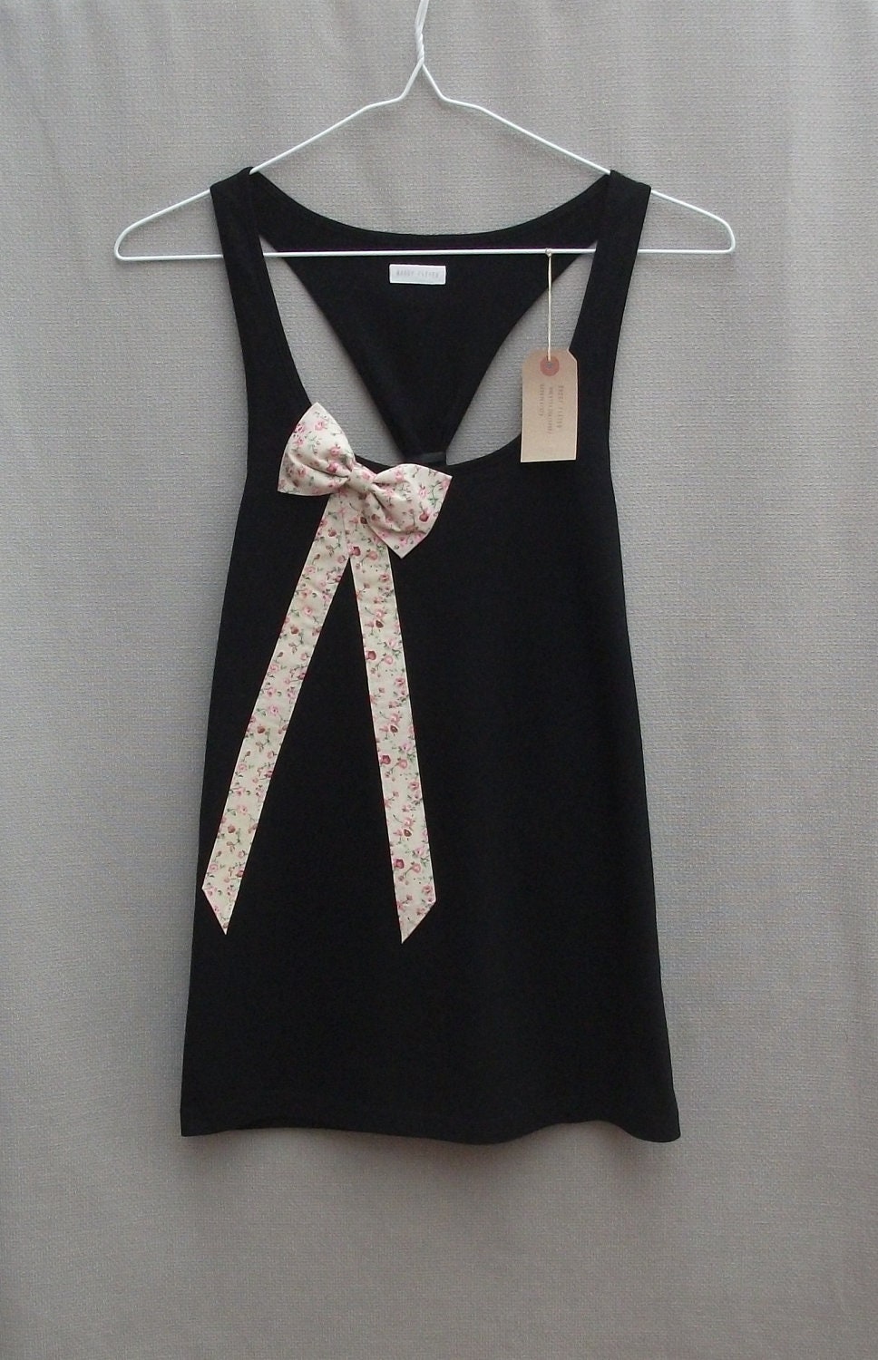 Women's Floral Bow Top Handmade Black Organic Cotton Racerback Vest Tank Top