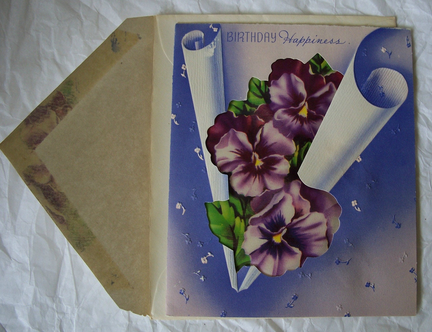 Vintage Unused 1950's Padded Violet / Pansy Birthday Card