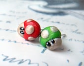 Super Mario Mushroom Tiny Stud Post Earrings, Nintendo Videogame, Red Green Polymer Clay, Cute and Geeky