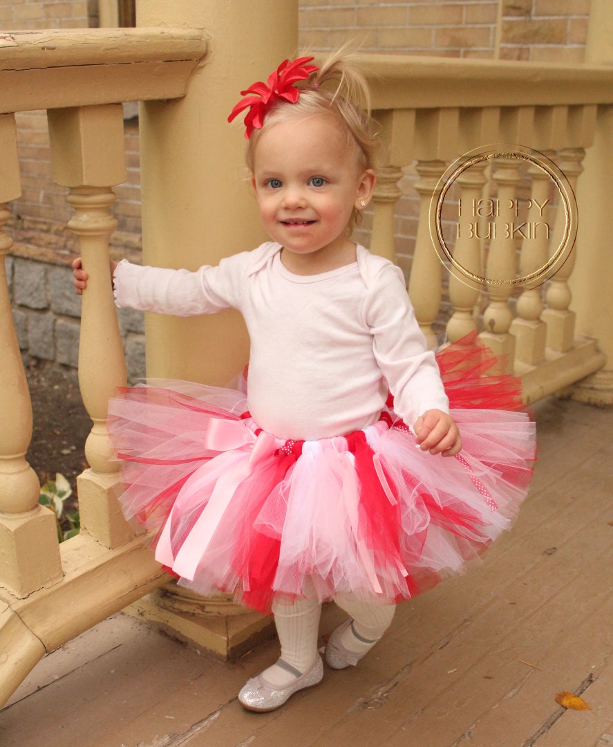 STRAWBERRY SWIRL -Custom Made Hand-Tied Ribbon Tutu Skirt with Free Flower Clip, Sizes Newborn - 5T