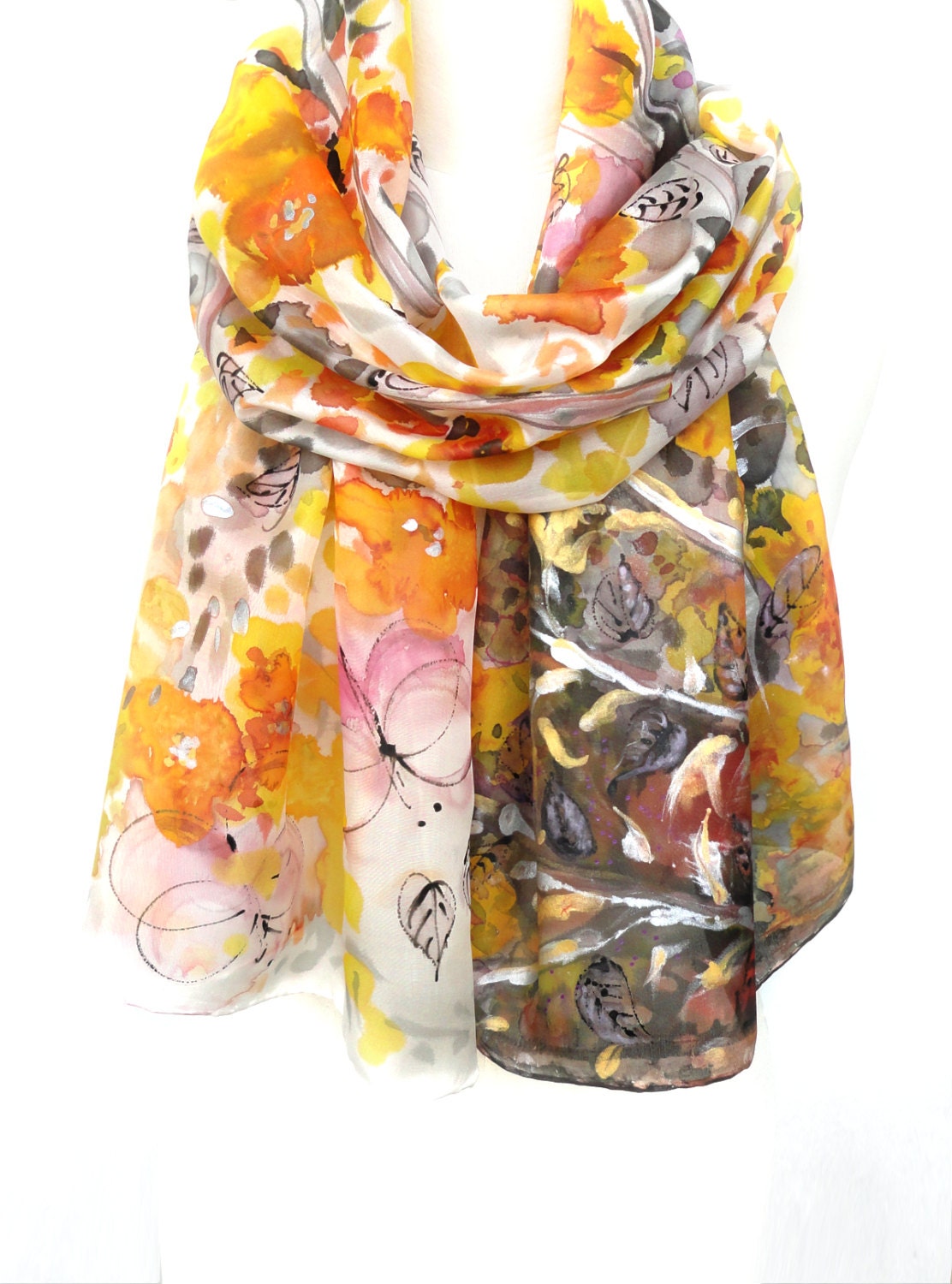 Yellow Orange Shawl Scarf. Hand Painted Silk Shawl. Women Shawl for Dress. Echarpe Foulard. Gift for Her. 18x71 in. (45x180 cm). Ready2Ship.