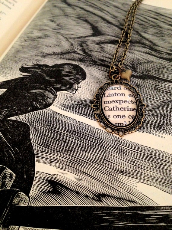 Catherine and Linton Wuthering Heights Emily Bronte Antique Bronze Book Page Literature Necklace