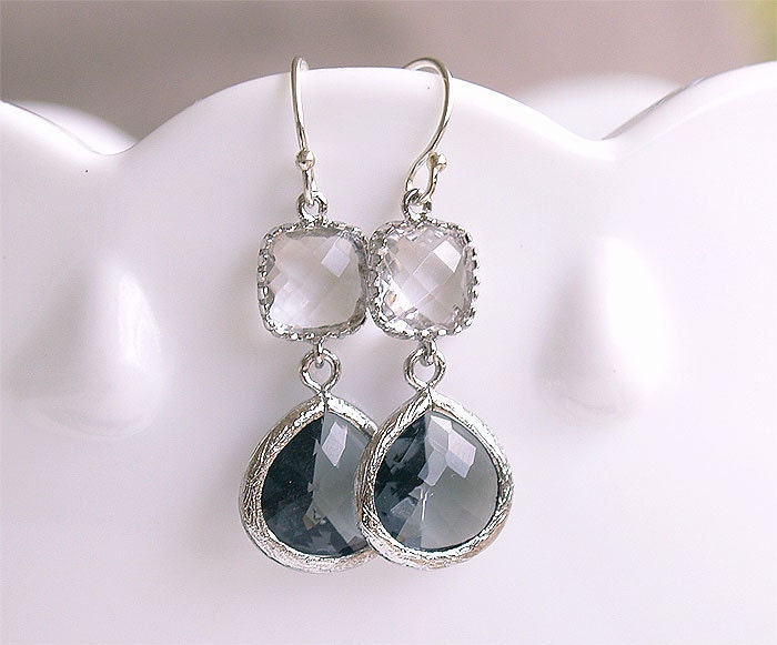 Charcoal Black Diamond Earrings in Silver - Gray Earrings on Sterling Silver Earwire - Faceted Earrings