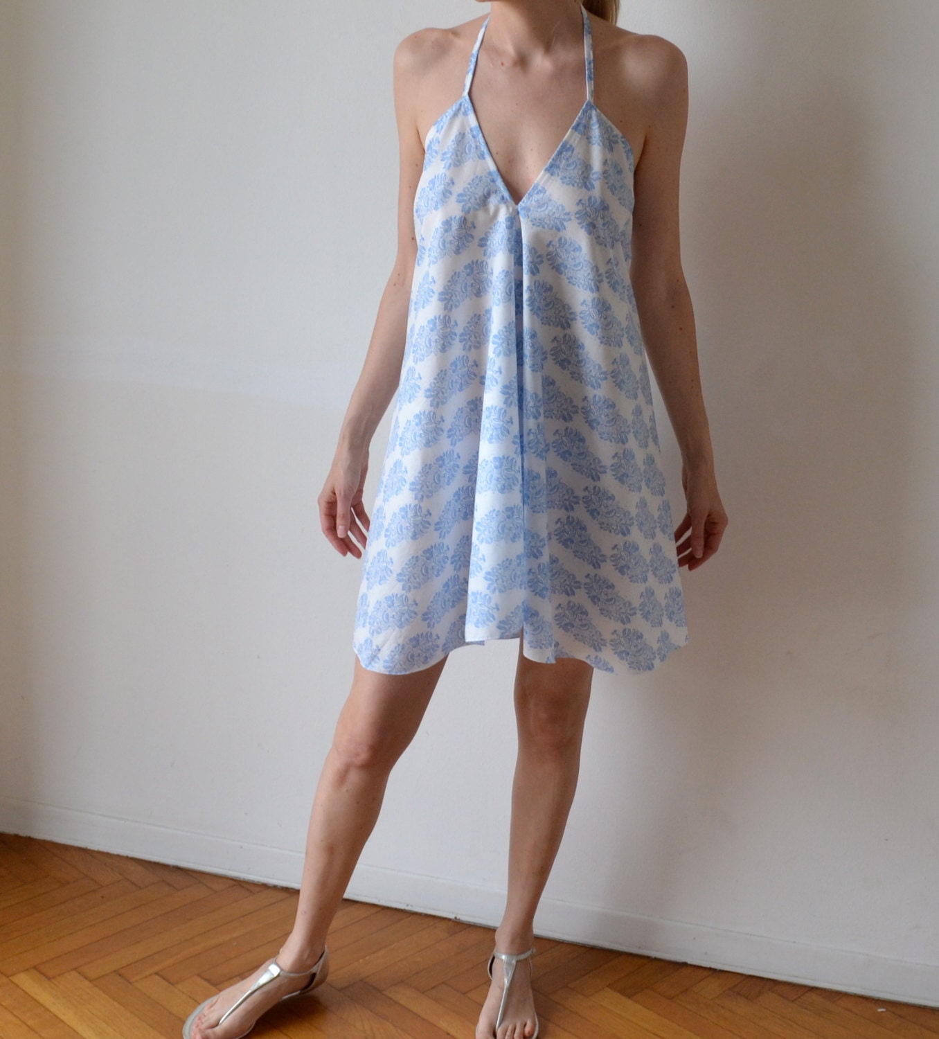White and blue cotton summer beach cover up halter sundress. Low back. One size fits many