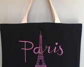 Paris Eiffel Tower Tote Bag Purse Pink embroidery on black cotton canvas