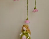 Waldorf inspired needle felted doll mobile:  Pink flowers fairy