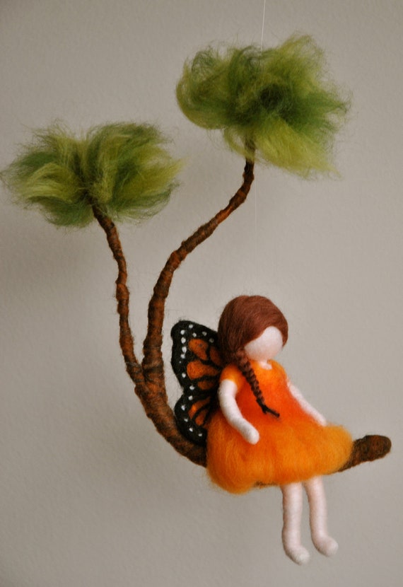 Girls Mobile Waldorf inspired needle felted : Monarch Butterfly fairy in a branch