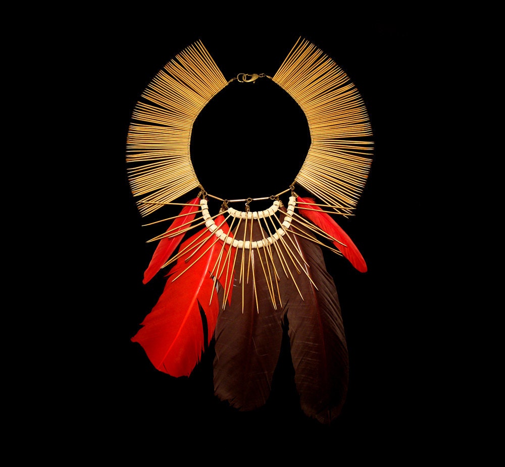ON SALE - Red feather brass pin beads statement necklace