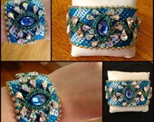 Glacia - 2" wide hand-woven, friendship bracelet embellished with aurora borealis and zircon crystals, vintage glass cabochon