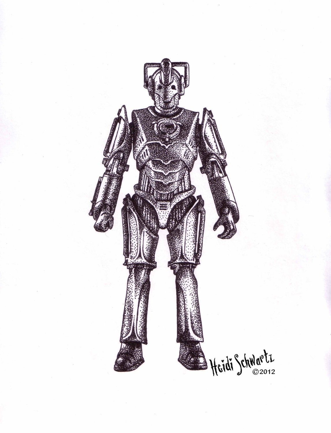 ORIGINAL ART. 8.5" x 11". Dotted pen drawing of a Doctor Who Cyberman. You will be deleted.