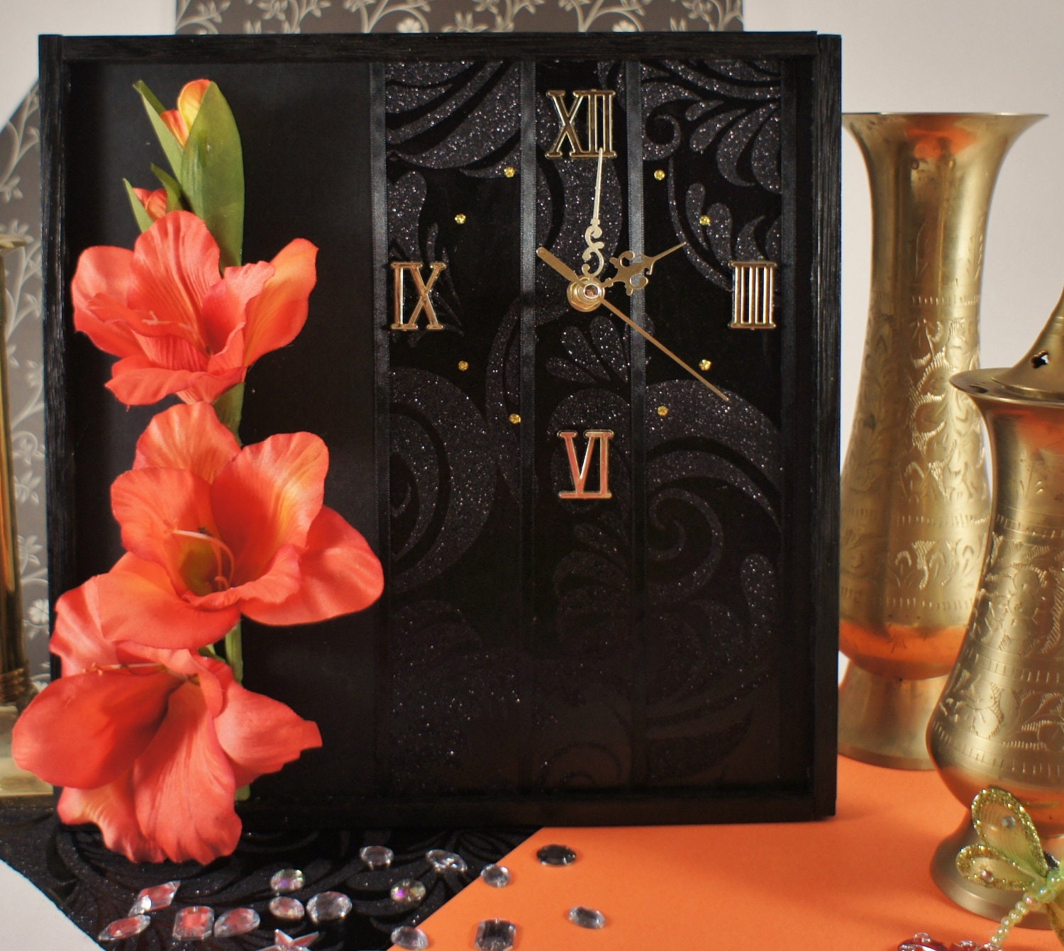 Burnt Orange Gladiola, Unique Wall Clocks, A Clockwork Orange Australian Square Clock, Artificial Silk Flower, Roman Numeral