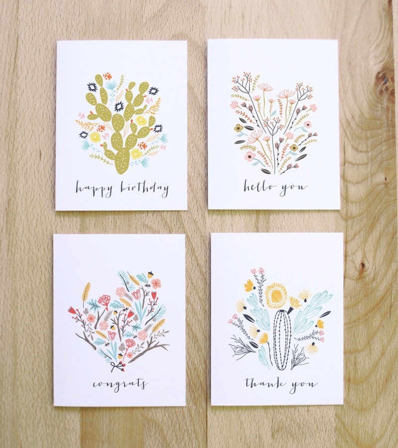FREE SHIPPING Social Stationery set of 4 cards thank you hello congrats happy birthday illustrated woodland and tribal floral blooms kraft