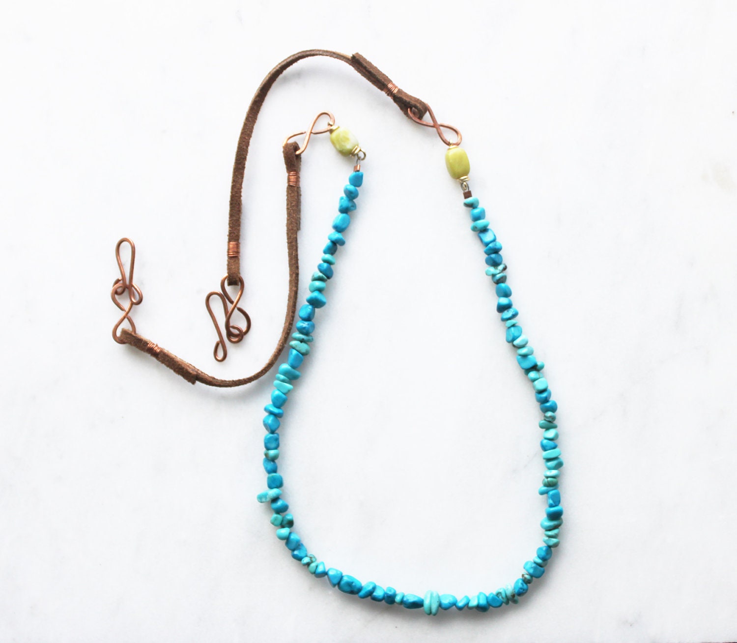 Long Beadwork Necklace, Leather Beaded Wrap Bracelet, Blue Turquoise & Green Jade with Copper, Bohemian Necklace, Handmade Jewelry