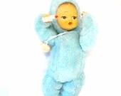 Vintage Baby Doll. Blue boy. Plush retro kitsch toy. Children. Nursery Decor.