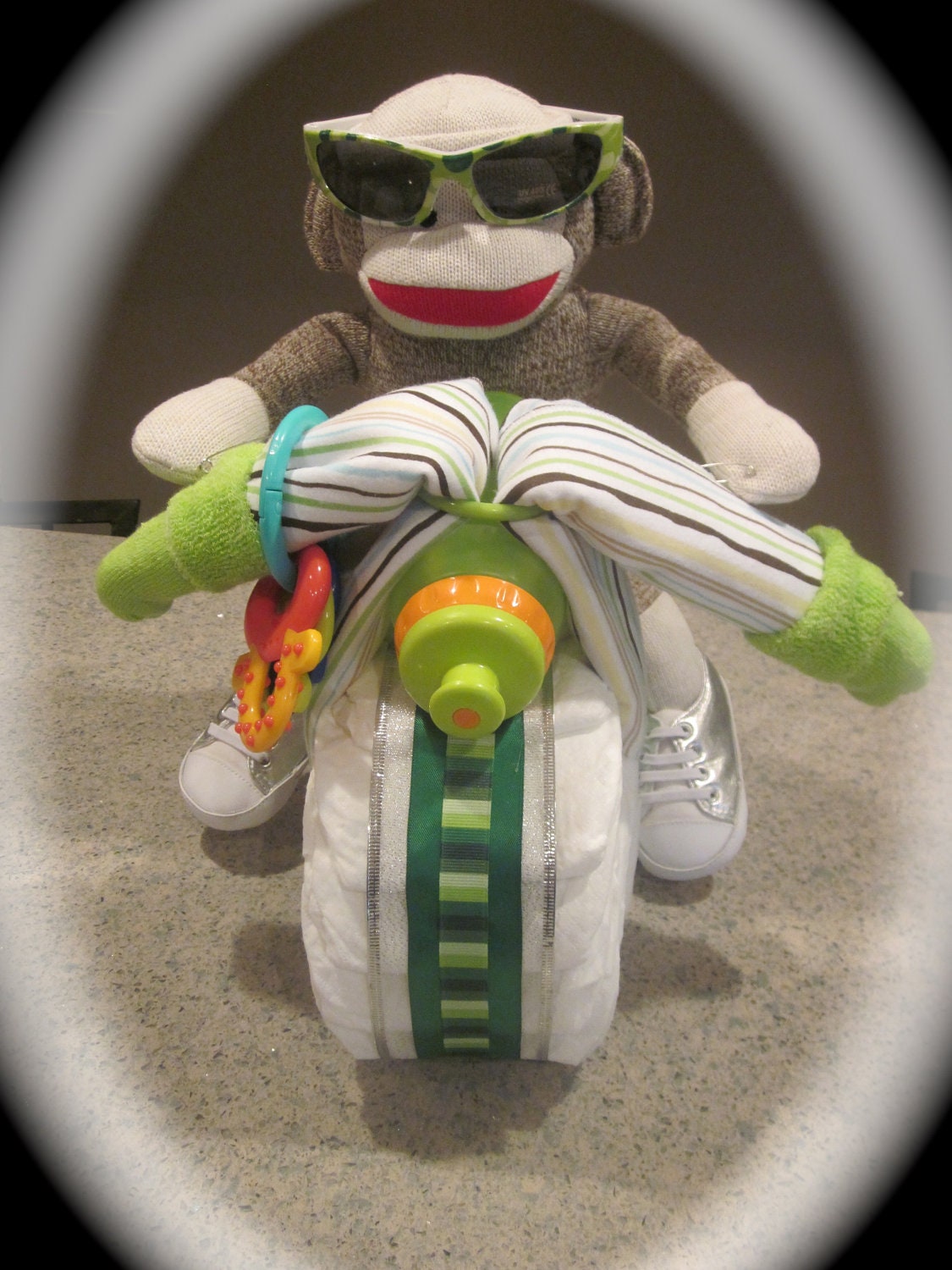 Motorcycle Diaper Cake baby boy shower gift green beige teddy bear monkey