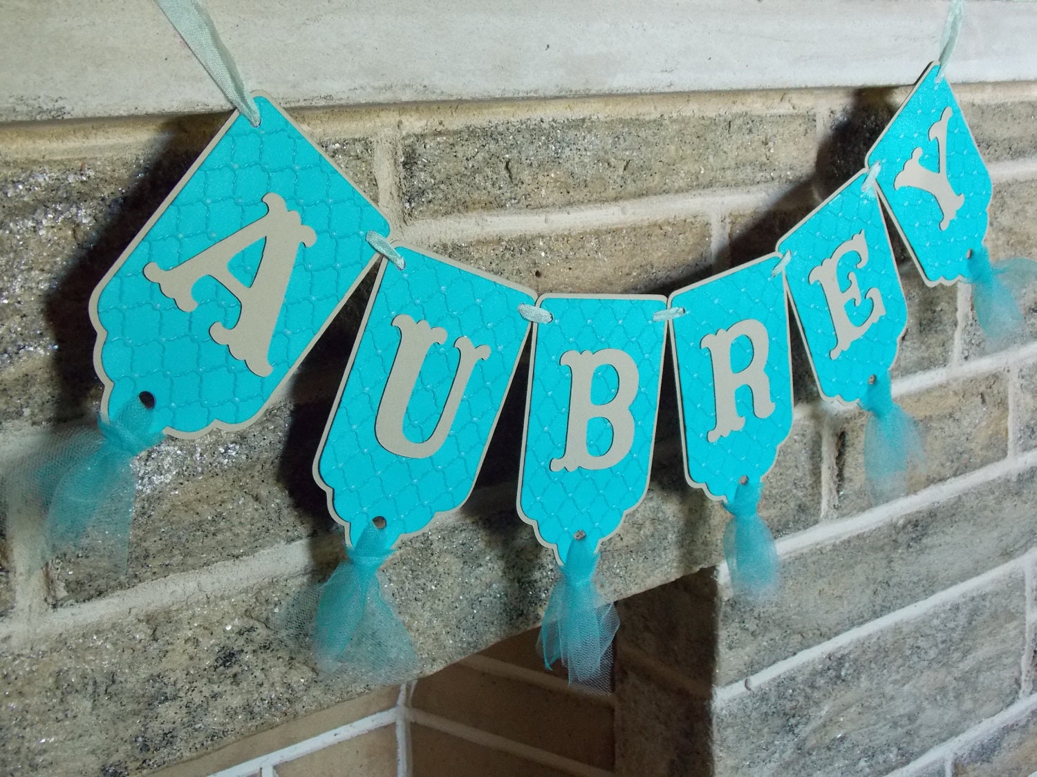 Girls Custom Name Banner Beige and Teal Party Banner