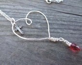 Silver Floating Heart Cross Charm Love padparadscha Pink Crystal bead Wire Wrapped handmade pendant necklace Christian Religious Jewelry