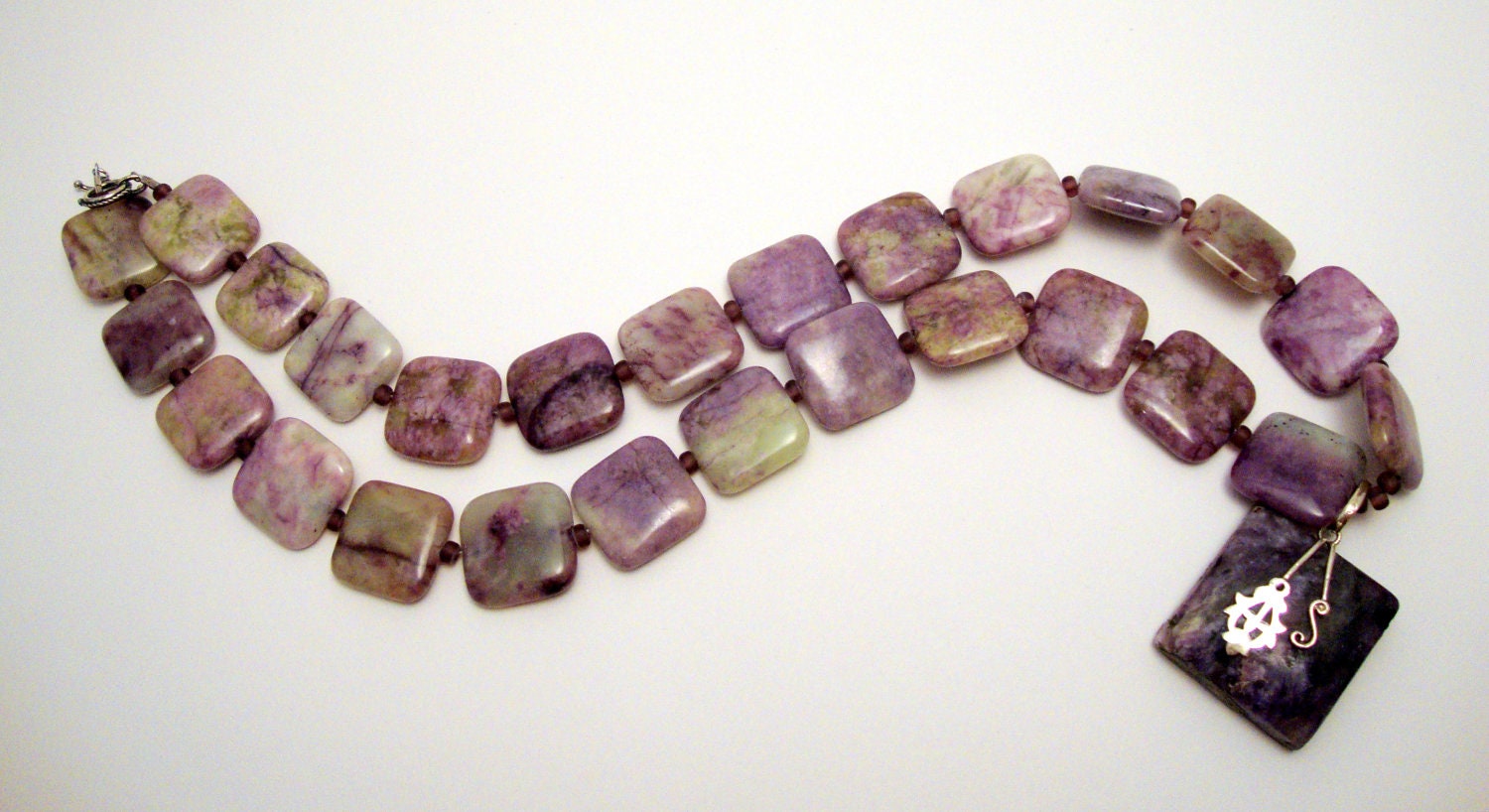 Charoite Gemstone Necklace, Purple Beaded Necklace, Silver Pendant Necklace