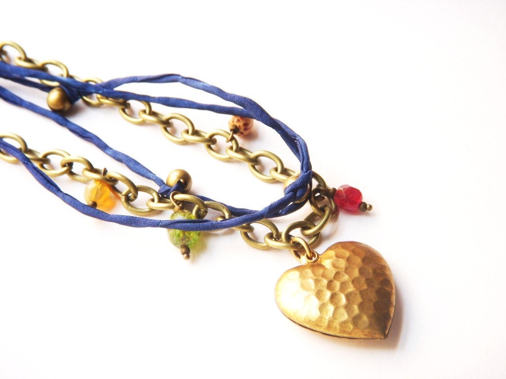 Heart Jewelry, Vintage Heart Charm, Beaded Necklace, Multi Stranded Necklace, Blue Silk Cord, Antiqued Brass Chain, Handmade Jewelry