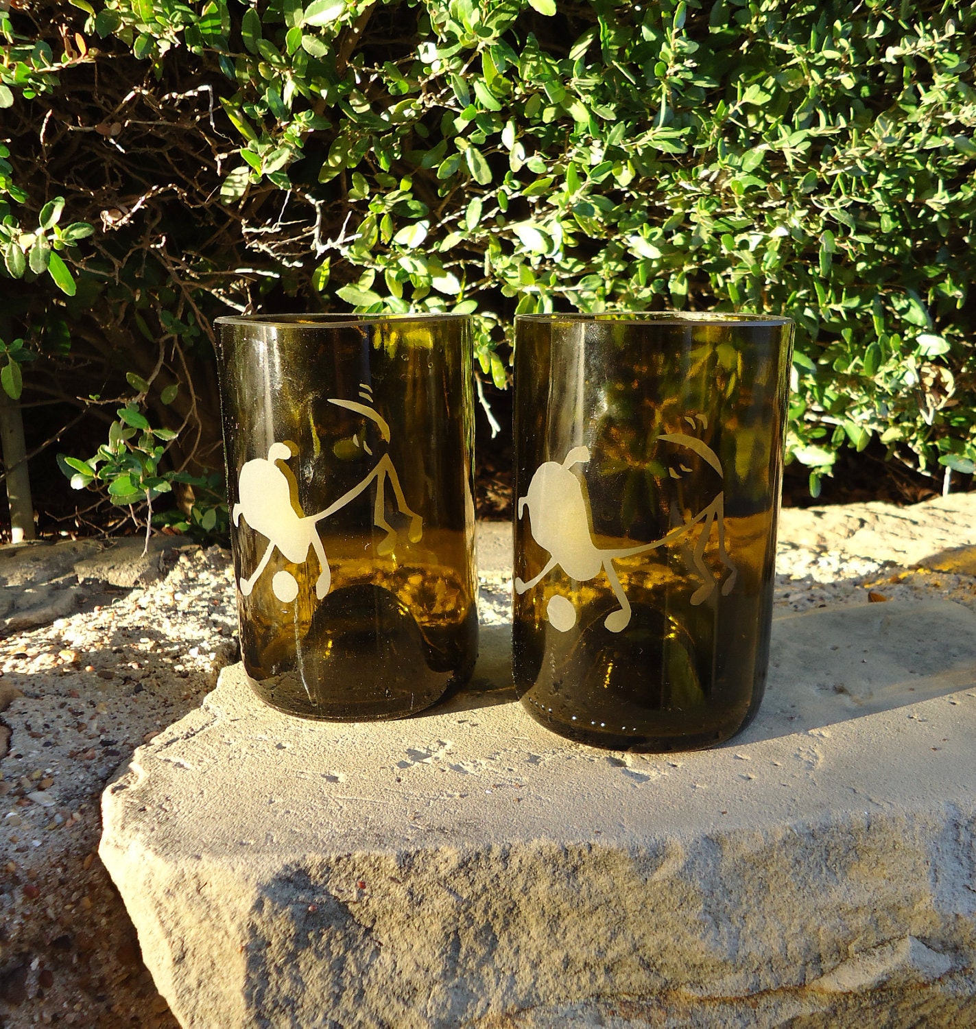 Wine Bottle Glasses with Hand Etched Playing Dogs No 2 in the Stick Dog Collection Set of 2