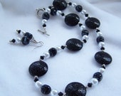 Black and White Beaded Necklace with Matching Beaded Dangle Earrings - Handmade Jewelry - OOAK  - Ready to Ship