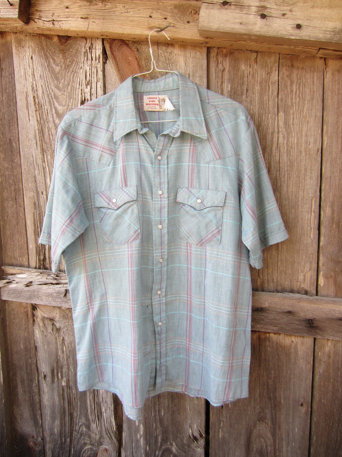 Vintage Plaid Cowboy Shirt w/ Short Sleeves and Distressed Collar, L-XL  // Mens Vintage Country Western Shirt