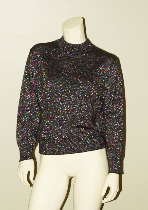 Vintage Rochelle California Rainbow Metallic Knit Black Sweater