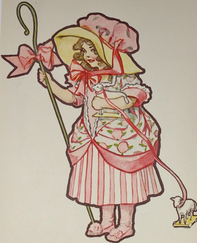 Vintage Nursery Art / Little Bo Peep / 1911 Childrens Nursery Rhyme Illustration Lithograph / Lithography Print / Nursery Decor