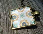 Blue & Tan Flower Pattern, Glass and Bronze Pendant Tray