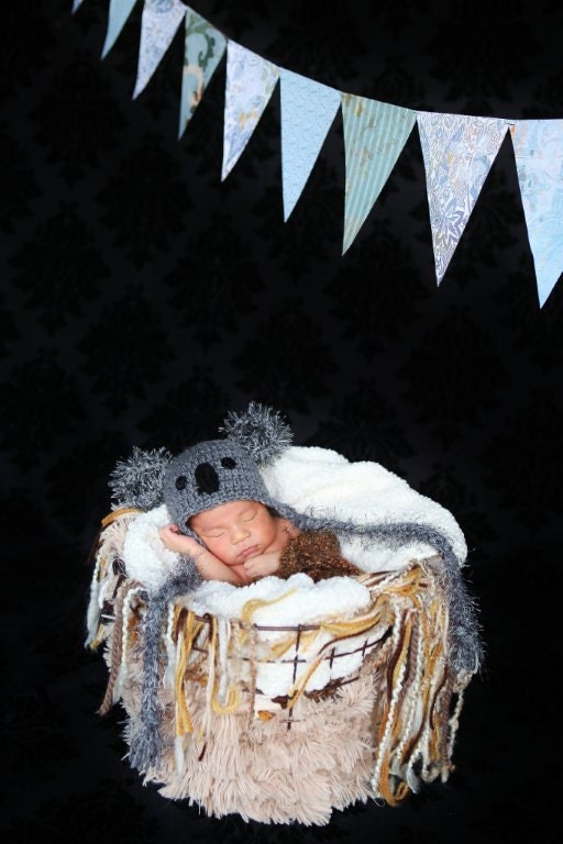Baby Boy Hat KOALA  Newborn Baby Boy Crochet Koala Hat With Ear Flaps  0 3 6 months