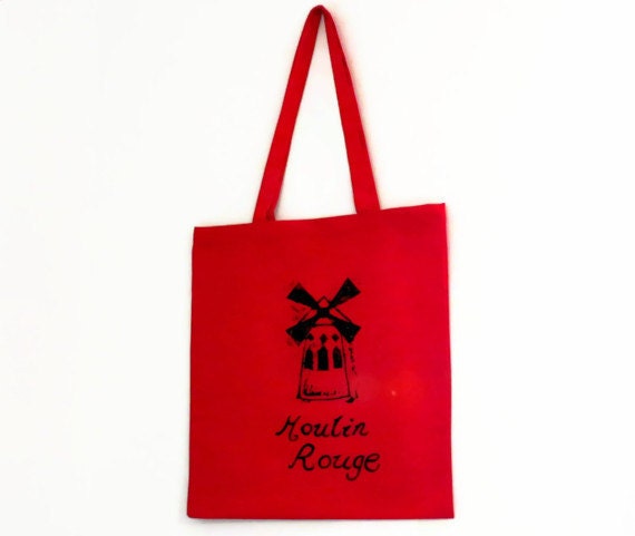 Moulin Rouge Red Tote Bag - Shopper Handbag Black Windmill on Bright Cotton Bag - Romantic, Cute & Fun - Under 15 pounds - Lino Printed