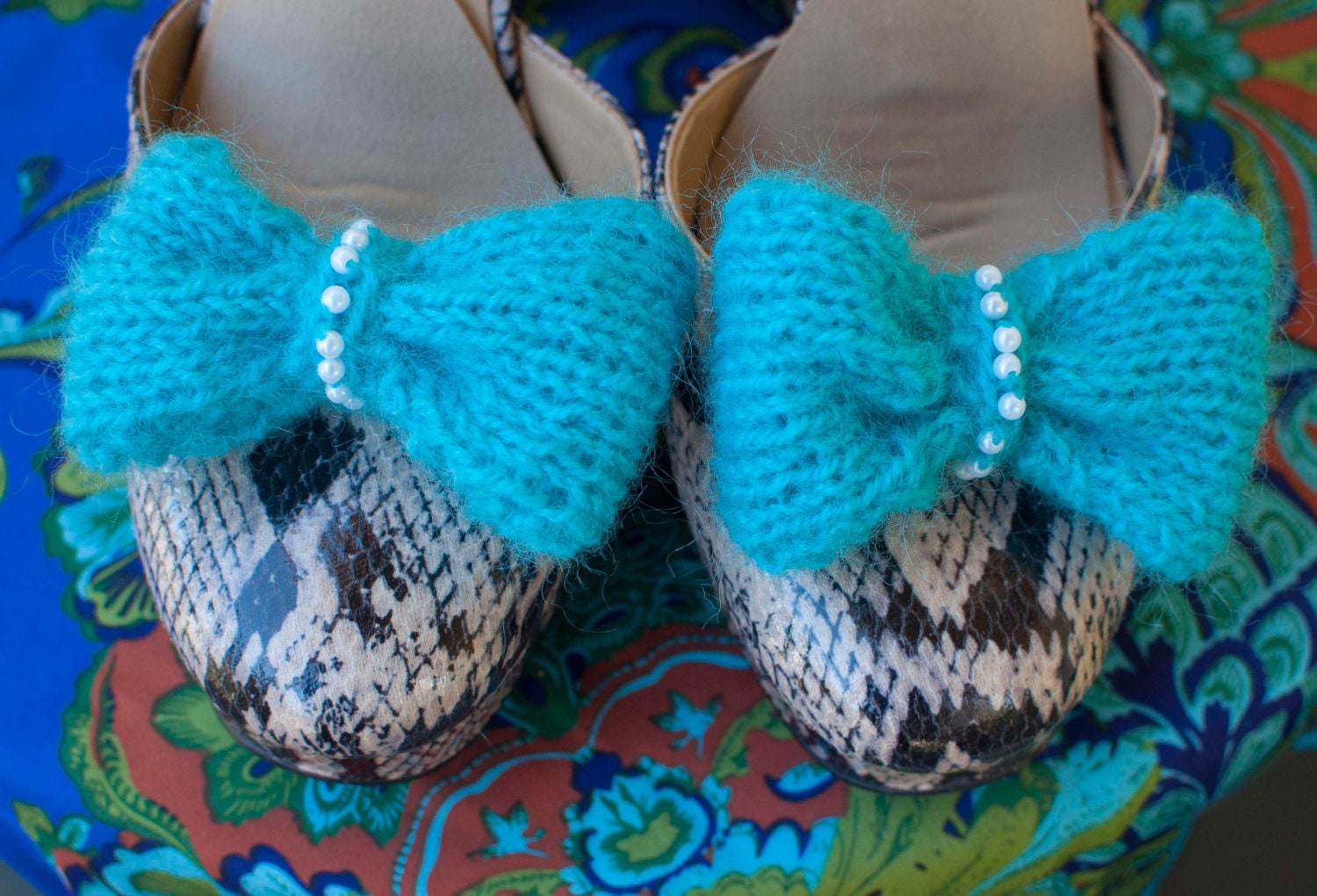 Handmade knitted turquoise shoe clips with faux pearls