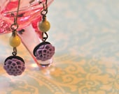 Lavender Flower & Chartreuse Bead Dangle Earrings, Cabochon