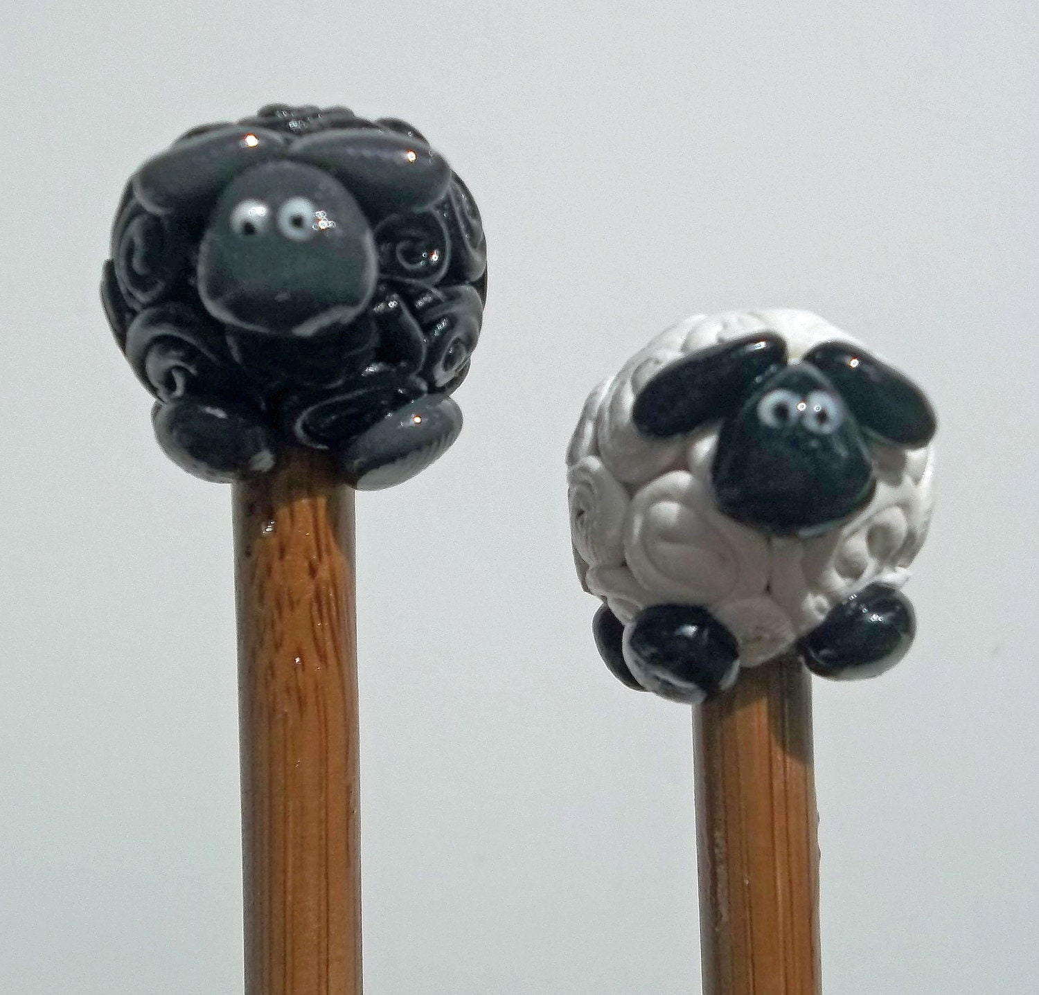 Sheep Knitting Needles Polymer Clay topped Bamboo US Size 9  /  5.5 mm