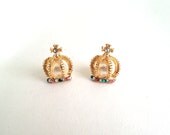 SALE:  Dainty Pearl and Rhinestone Crown Gold Earrings - Cute Earrings