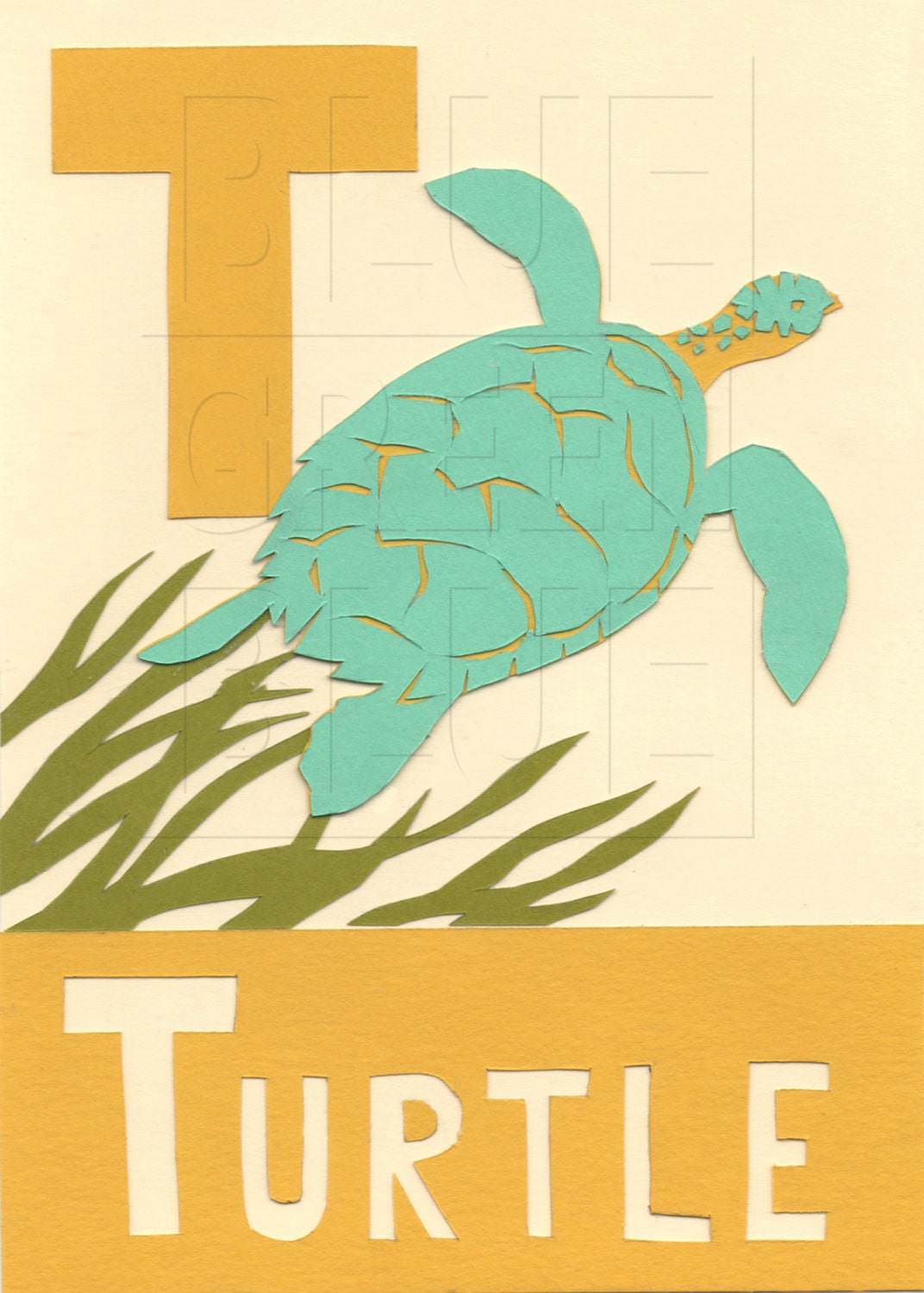 Animal ABC Alphabet Print - Children's Wall  Art - T is for Turtle - Custom Name Print - 5" x 7"