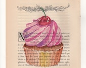 Cupcake - Original watercolor painting on old book page