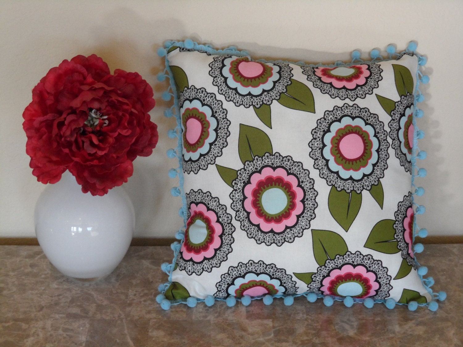 Pillow-Pink, Blue, and Green Flower Print Pillow
