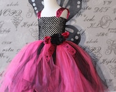 Fucshia and Black Punk Rocker Princess Tulle Tutu Halloween Costume Dress Skirt Pink Child Girl Toddler Roses Flowers Wings