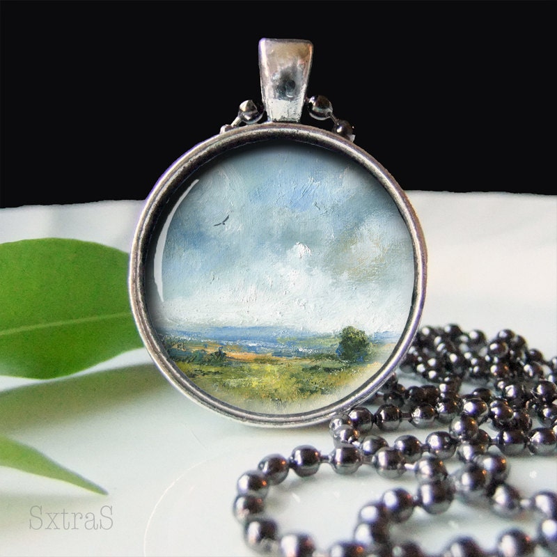 English Country Resin Pendant, Pendant Charm, Clouds and Country Blue Art Pendant, with chain