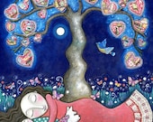 Tree print whimsical folk art romantic wall decor women mother son scottie dog paper patchwork hearts mixed media painting - "Nomads"