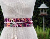 REVERSIBLE Custom Leather Obi Wrap Cinch Belt / bright print fabric / mod / Flower Plume