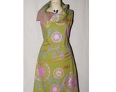 Avocado Green Large Collar Handprinted Sleeveless Dress