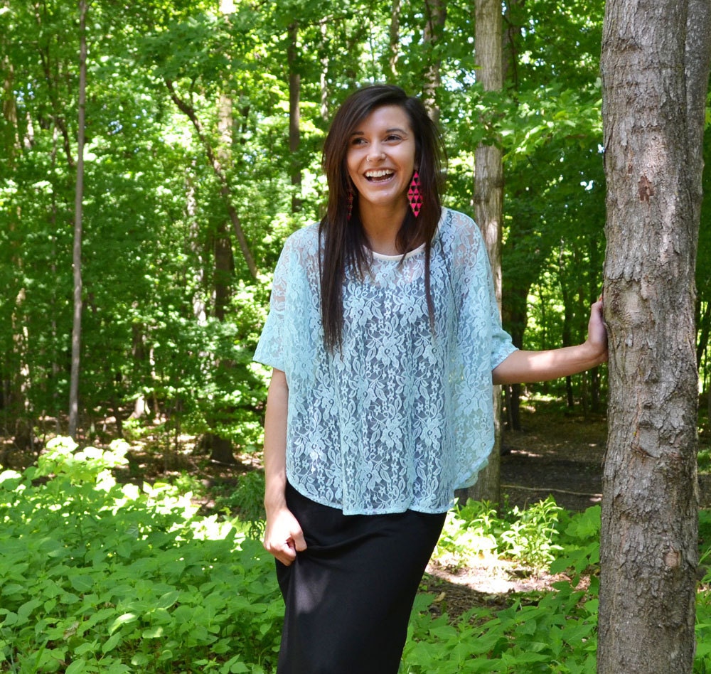 Mint green lace blouse, top, poncho, with curved hem and side vents, stretch lace.  One size